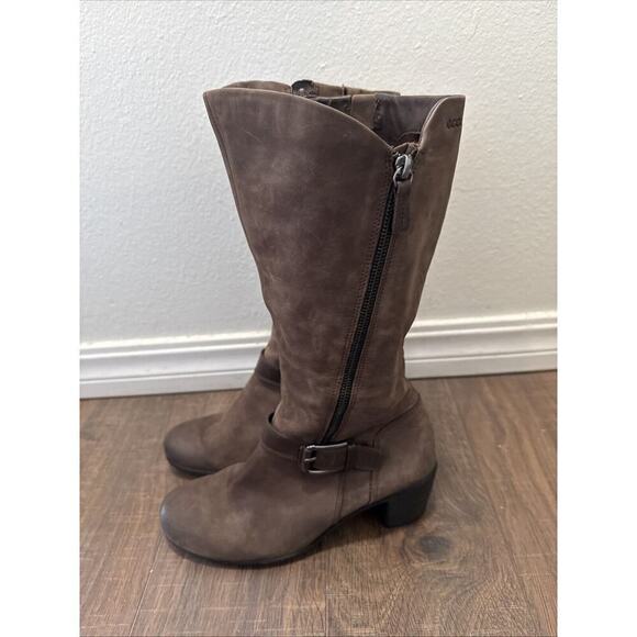ECCO Side Zip Block Heel Knee High Boots Leather Brown Size 40 EUR 9 US NEW - Picture 2 of 7